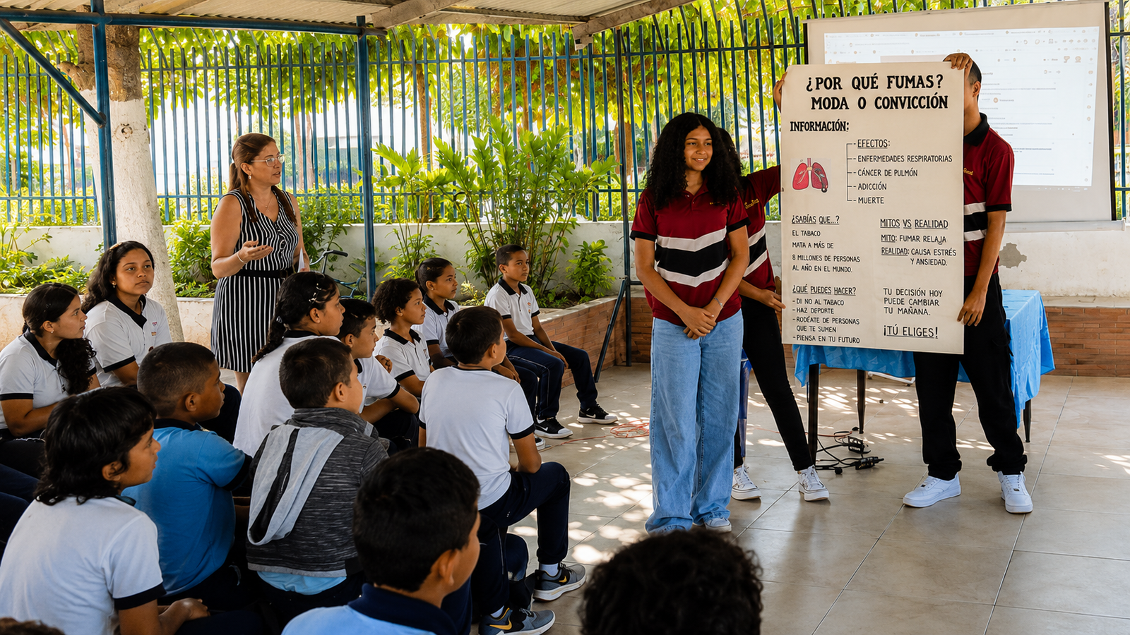 Estudiantes de CEQA participando en una exposición mientras docentes y compañeros acompañan la actividad